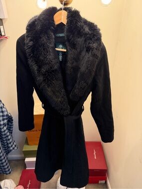 Lauren Ralph Lauren Black Wool Faux Fur Coat